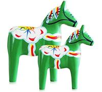 2 Piece Wooden Dala Horse Swedish National Style Wood Figures Statue Handicraft Sweden Style Dala Horse House Decoration (Green)
