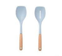 2 Piece Wooden Handle Silicone Spoon Set High Temperature Resistant Kitchen Tools for Mixing Batter Sauteing Vegetables 31cm(Blue)
