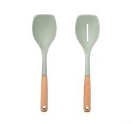 2 Piece Wooden Handle Silicone Spoon Set High Temperature Resistant Kitchen Tools for Mixing Batter Sauteing Vegetables 31cm(Green)