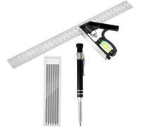 2-piece woodworking set, combining a 12-inch/300mm square ruler, a 45/90 degree ruler, and a level; automatic deep-hole pencil with 6 replacement leads; for construction and carpentry work.