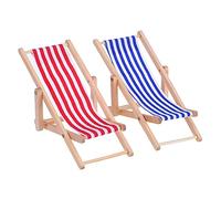 2 Pieces 1:12 Miniature Deck Chair Mini Foldable Wooden Beach Chair Chaise Longue Deck Chairs Mini Furniture Accessories with Red/blue Stripe for Indoor Outdoor
