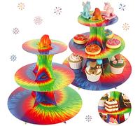2 Pieces 3 Tier Tie Dye Round Cardboard Cupcake Stand for 24 Cupcakes Rainbow Cake Stand Dessert Tower Pastry Serving Platter Food Display for Birthday Party Table Supplies