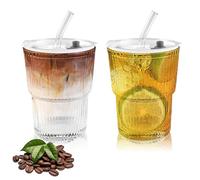 2 Pieces 400ml Iced Coffee Cup with Lids and Straws,Glass Smoothie Cups,Ribbed Glassware Cups,Glasses Iced Coffee Cup,Waterproof Design,Leakproof Glass Tumbler for Coffee,Cocktail and Tea