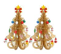 2 Pieces 7.5 Inch Wooden Mini Christmas Tree Miniature Tabletop Small Christmas Tree, 3D Xmas Tree with Mini Ornaments Wooden Pine Tree for Xmas Holiday Party Home Desktop Decoration (Gold)
