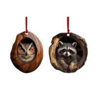 2 Pieces Acrylic Animal Tree Pendant, Christmas Acrylic Owl Raccoon Ornament 2D Pendant, Fo-rest Animal Decoration, 2D Pendant Animal Tree Ornament, Christmas Tree Animal Pattern Ornament