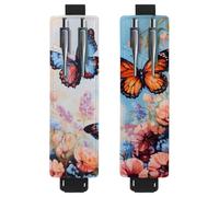 2 Pieces Adjustable Elastic Band Pen Holder for Notebook, PU Leather Pencil Holder, Pen Sleeve Pouch for Hardcover Journals, Books, Planners, Binders, Tablets - Butterfly Poppy Lavender Wildflower