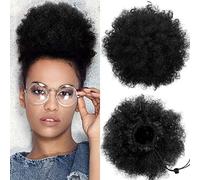 2 Pieces Afro Puff Drawstring Ponytail Synthetic Short Curly Afro Bun Extension Afro Chignon Hairpieces Wig Updo Extensions(Light Black)