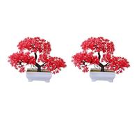 2 Pieces Artificial Bonsai Plant, Plastic, Small Tree Pot, Artificial Plant, Flower Pot, Ornaments for Home, Table, , Easy to Use, Red