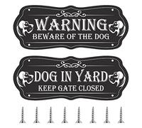2 Pieces Beware of Dogs Sign for Fence, 9 x 3.5 Inch Dog in Yard Keep Gate Closed Sign Metal, Warning Dog Sign with Screws for Lawn, Fence, Garden