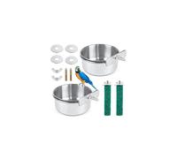 2 Pieces Bird Feeding Dish Cups, Stainless Steel Bird Bowl with 2 Pieces Bird Cage Stand Perch Bird Cage Cup Holder with Clamps Parrot Food Bowl for