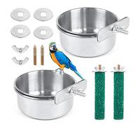 2 Pieces Bird Feeding Dish Cups, Stainless Steel Bird Bowl with 2 Pieces Stand Perch Cage Cup Holder with Clamps Parrot Food Bowl for Cage