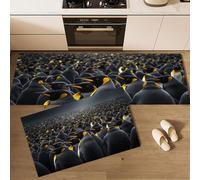2 Pieces Black Antarctic Penguin Colony Natural Photography Style Kitchen Floor Mats Rugs, Kitchen Rugs Non Slip for Decoration, Door Mats for Hallway, Dining Room and Entryway 45x75+45x150cm