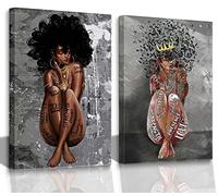 2 Pieces Black Female African American Girl Poster Queen Canvas Painting Printing Wall Art Women Portrait Decor Abstract Inspirational Picture Love Living Room Bedroom Bathroom Office Decoration
