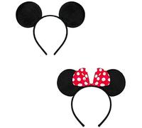 2 Pieces Black Mouse Ears on Alice Band, one with Red and White Polkadot Spotted Bow for Adults/Children Fancy Dress Costume Head Band Accessory Party Decoration Gift - Pack of 2