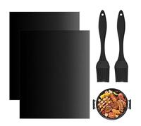2 Pieces Black Oven Liners Non-Stick BBQ Grill Mats, Universal Fiberglass Fabric Cooker Liners with 2 Silicone Brushes, Heat Resistant Oven Protector Sheets for Most Cookware