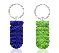2 Pieces Bling Pill Container Portable Pill Bottle Case Waterproof Travel Medicine Box Crystal Diamond Mini Pill Holder Storage with Keychain for Outdoor Camping Traveling (Blue, Green)