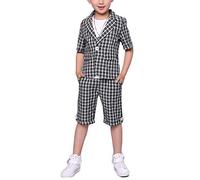 2 Pieces Boys Plaid Wedding Gentlemen Leisure Suit Short Sleeve Checked Jacket Coat + Shorts Blazer Suits White 150