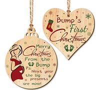 2 Pieces Bumps First Christmas Heart Decoration Wooden Christmas Tree Baubles Christmas Cutesy Round Plaques Mum to Be Christmas Tree Ornaments Christmas Hanging Decorations with Strings and Bags