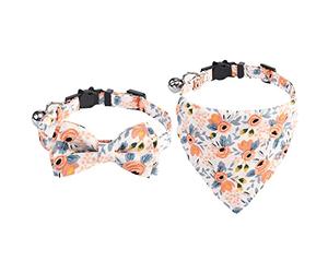 2 Pieces Cat Collars Adjustable Cat Bandana with Bow Bells Floral Kitten Collar Soft for Cats Kittens Kitties Puppies