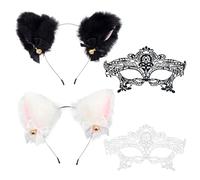 2 Pieces Cat Ears With Bell Headbands, 2 Pieces Lace Eye Masks, Cute Plush, Soft And Comfortable, Role-Playing Props, Creative Costume Decoration.