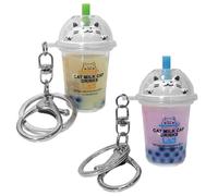 2 Pieces Cat Milk Tea Keychain, Creative Cat Bubble Milk Tea Keychain, Milk Tea Quicksand Keychain, Cute Key Accessories, Girl Bag Pendant