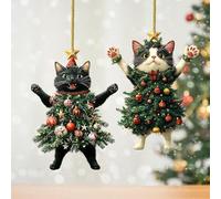 2 Pieces Cat Ornaments for Christmas Tree, Flat Acrylic Holiday Costume Kitten Pendant, Cute Black White Cats Hanging Ornaments, For Bag Car Rearview Pendant Decoration 8x6x2cm