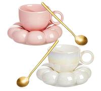 2 Pieces Ceramic Cloud Mug Cute Cup with Coaster 7oz Cute Ceramic Coffee Mug with Saucer Set for Office Home Coffee Tea Latte Milk, Pink and Pearl White (Sunflower)