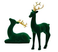 2 Pieces Christmas Reindeer Figurines, Green Resin Flocking Deer Figures Standing Sitting Deer Statues Elk Sculpture Tabletop Ornaments for Living Room Mantle Shelf Office Home Décor