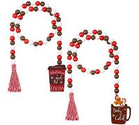 2 Pieces Christmas Wood Bead Garland Christmas Hot Cocoa Tiered Tray Decor Farmhouse Wall Hanging Wooden Beads with Tassels Gingerbread Man Candy Hanging Prayer Bead Decor for Christmas Decorations