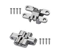 2 Pieces Concealed Cross Hidden Hinges for Cabinet Cupboard Wooden Box, 180 Degree Invisible Folding Door Hinge, Silver, Zinc Alloy and Stainless Steel