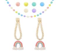 2 Pieces Curtain Ties With 1 Fur Ball String Flag, Rainbow Tassel Pendant Curtain Magnetic Fasteners, Wooden Bead Curtain Ties, No Punch Curtain Ties, Curtain Accessories