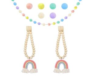 2 Pieces Curtain Ties With 1 Fur Ball String Flag, Rainbow Tassel Pendant Curtain Magnetic Fasteners, Wooden Bead Curtain Ties, No Punch Curtain Ties, Curtain Accessories