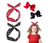 2 Pieces Cute Polka Dot Headbands with 2 Pieces Bow Hair Clips Retro Classic Ladies Headscarves Can Be Bent and Twisted (Red, Black)