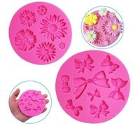 2 Pieces Decorative Silicone Molds, FineGood Chrysanthemum Flower and Bow Tie Shaped, Chocolate Fondant Clay Sugar Craft Soap Decoration Molds DIY Baking Cake Tool - Pink