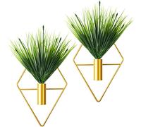 2 Pieces Diamond Shape Hanging Planters with Artificial Aquatic Plants Metal Hanging Vase Indoor Plants Holder Modern Geometric Wall Decor for Home Living Room Office (Gold,Aquatic Plant)