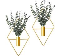 2 Pieces Diamond Shape Hanging Planters with Artificial Aquatic Plants Metal Hanging Vase Indoor Plants Holder Modern Geometric Wall Decor for Home Living Room Office (Gold,Eucalyptus)