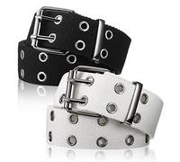 2 Pieces Double Grommet Canvas Belts Two-Hole Jeans Vintage Buckle Punk Belts (White and Black,120 cm)