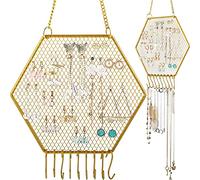 2 Pieces Earring Wall Holder Wall Mounted Earring Organizer Hanging Hexagon Earring Stand Decorative Diamond Grid Shape Jewelry Display Rack with Hanging Hooks for Earrings Necklaces Bracelets