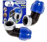 2 Pieces Elbow Adapter Ø 20 mm x 1/2″ Angle 90° Female Thread Reinforced | with Galvanised Steel Ring Made of Polypropylene PP for Connecting Polyethylene PE Pipes - MONTERAL