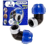 2 Pieces Elbow Adapter Ø 25 mm x 3/4″ Angle 90° Female Thread Reinforced | with Galvanised Steel Ring Made of Polypropylene PP for Connecting Polyethylene PE Pipes - MONTERAL