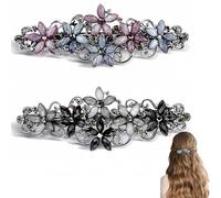 2 Pieces Elegant Hair Clips for Women and Girls - Crystal Flower Glitter Clip and Exquisite Vintage French Hair Accessories (Blue Pink/Black Grey)