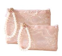 2 Pieces Elegant Lace and Floral Cosmetic Bag with Zipper - Portable Makeup Pouch and Organizer for Women, Stylish Wristlet for Travel and Skincare Accessories (Medium, Small), Pink, Medium and Small