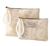 2 Pieces Elegant Lace and Floral Cosmetic Bag with Zipper - Portable Makeup Pouch and Organizer for Women, Stylish Wristlet for Travel and Skincare Accessories (Medium, Small), Apricot, Medium and