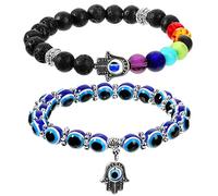 2 Pieces Evil Eye and Hand of Fatima Bracelet - 7 Chakras Stretch Beaded Hamsa Hand Gemstone Good Luck Protection Crystals Healing Stones for Women