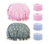 2 Pieces Flamingo Printed Shower Caps, 2 Pairs Of Absorbent Face Wash Wristbands, Simple And Cute, Reusable, Elastic Shower Accessories.