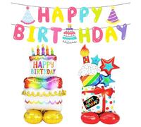2 Pieces Gift and Cake Standing Balloons with 1 Piece Pull Flag, Inflatable Gift, Helium Balloon Happy Birthday Decoration, Aluminum Foil Balloon, Suitable for Children and Adults
