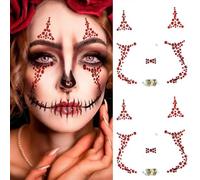 2 Pieces Halloween Face Gems Jewels Tattoos, Day of the Dead Face Temporary Skull Tattoos Rhinestone Crystal Stones Body Gems Makeup Stickers for Halloween Festival Rave Party