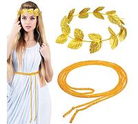 2 Pieces Halloween Toga Headband Roman Wreath Greek Crown Headpiece with 2 Pieces Halloween Roman Rope Belt Costume for Women Men Headdress Party Decoration