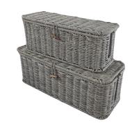 2 Pieces Hand Braided Faux Rattan Cable Organizer Box with Lid and 2 Open Slots | Cable Covers for TV Cables, Computer, Router, USB Hub & Under-Desk Power Strips, Design, Grey, Se référer à la