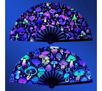 2 Pieces Hand Fan, UV Glow Large Bamboo Folding Fan Chinese Deco Sauna Fan Wedding Clack Hand Fan Mushroom Pattern Folding LED Portable Folding Fan for Rave